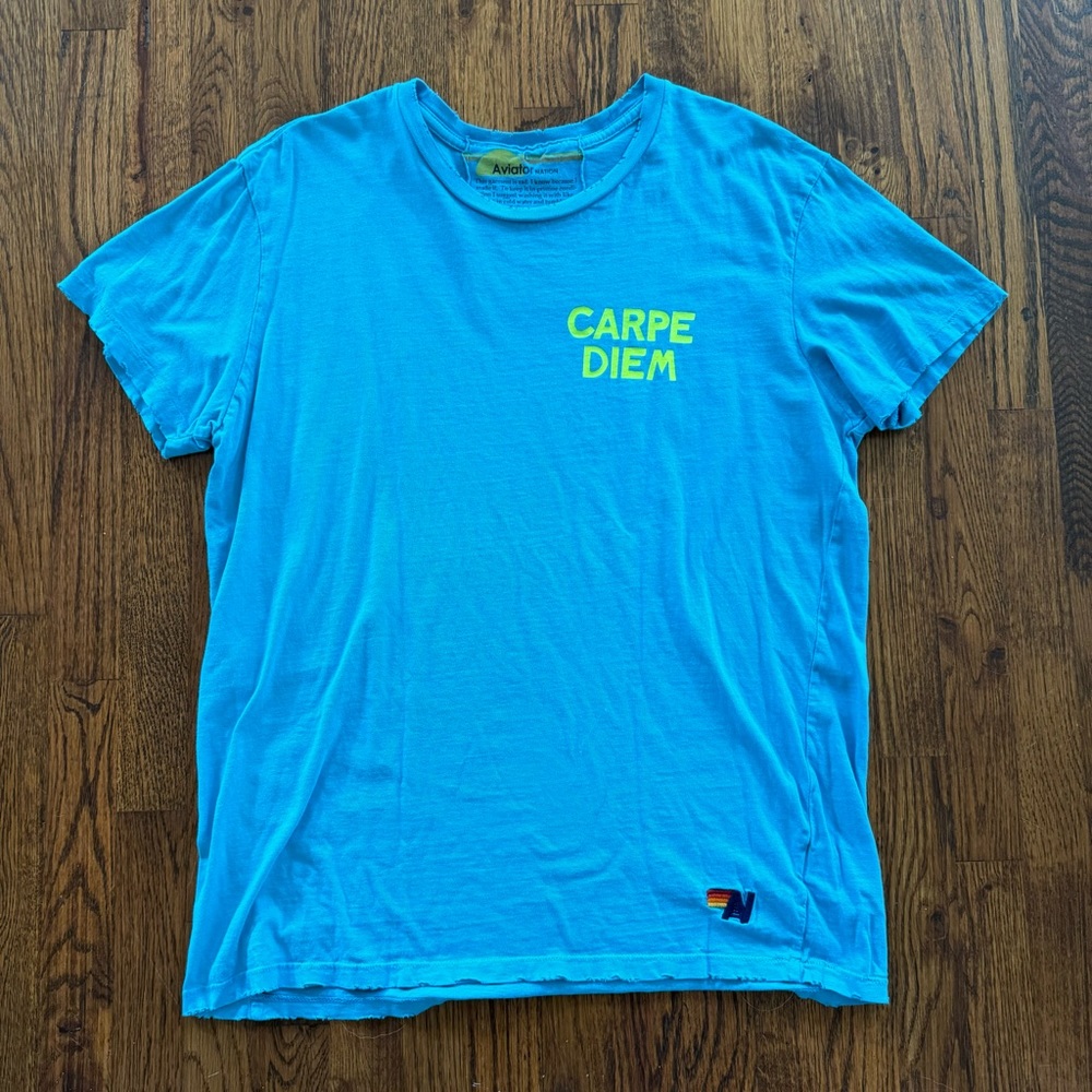 Aviator Nation Carpe Diem Aqua Blue T-Shirt Large